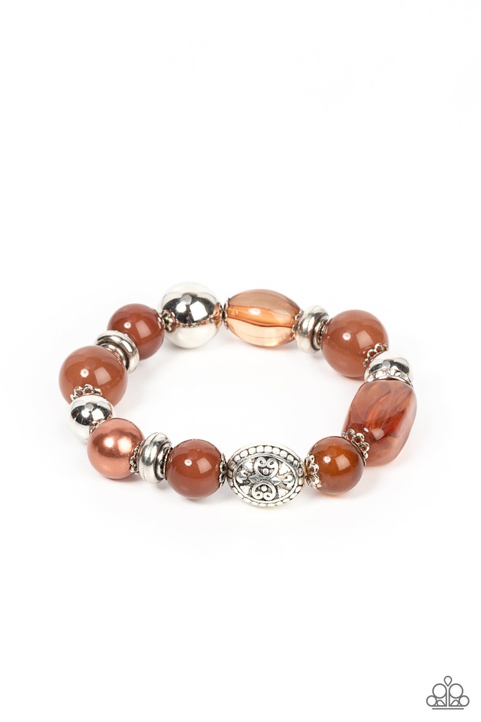 Brown Bracelet with Beads in Silver - Stretch - Tonal Takeover