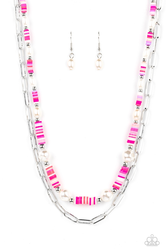 Paperclip Necklace Layered Pink Rubber Discs with Baroque Pearls and Silver Chain - Tidal Trendsetter