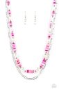Paperclip Necklace Layered Pink Rubber Discs with Baroque Pearls and Silver Chain - Tidal Trendsetter