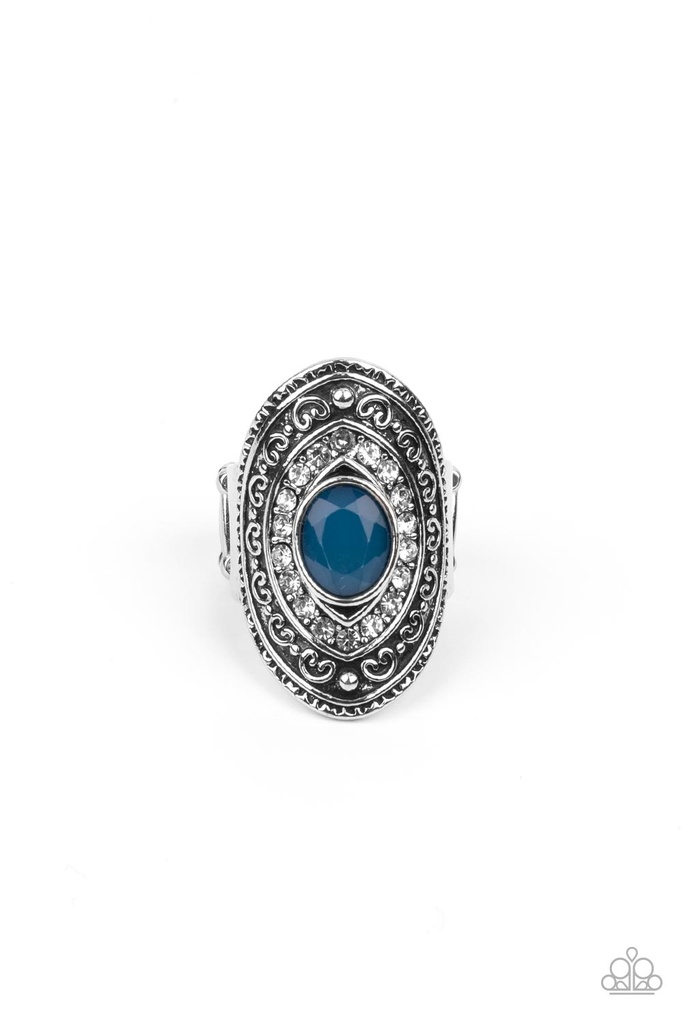 Statement Stretch Ring Blue Crystals in Silver Adjustable Ring Band - Entrancing Enchantment