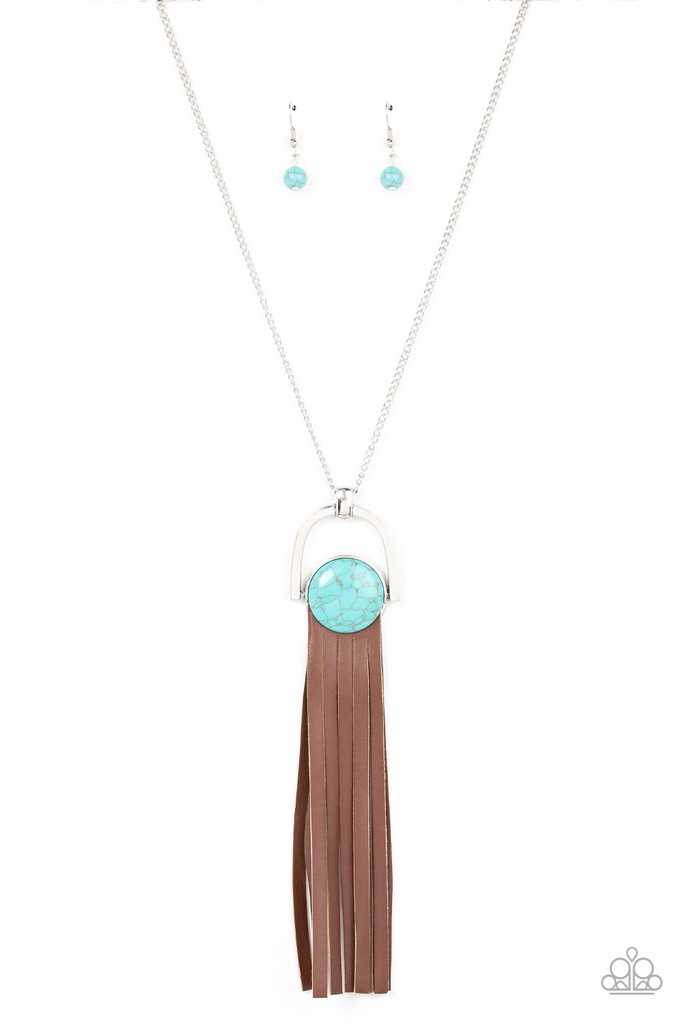 Western Necklace Turquoise and Leather Fringe Pendant - Silver Chain - Winslow Wanderer