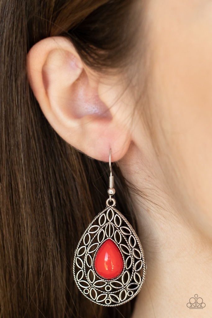 Fanciful Droplets - Red and Silver Teardrop Dangle Earrings