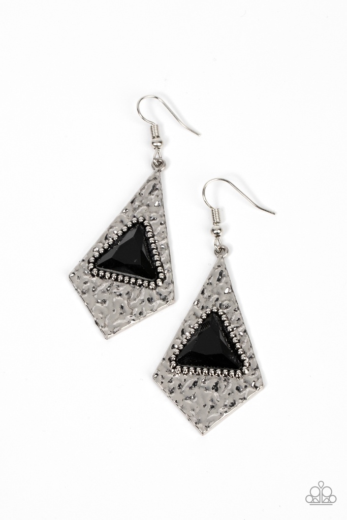 Edgy Earrings with Black Gem in Hammered Silver Kite Frame - Cosmic Destination