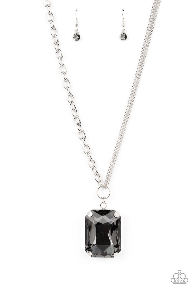 Oversized Black Gem Pendant Necklace in Silver Chain - Instant Intimidation