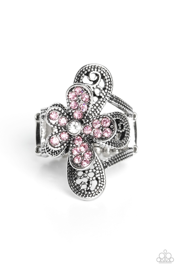 Flower Stretch Ring with Pink Crystals in Silver Adjustable Ring Band - Garden Escapade