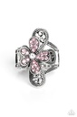 Flower Stretch Ring with Pink Crystals in Silver Adjustable Ring Band - Garden Escapade
