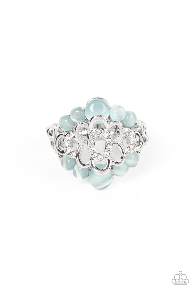 Blue Moonstone Stretch Ring Silver Flowers with Adjustable Ring Band - Eden Equinox 