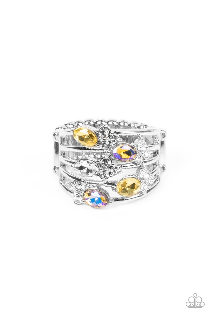 Stretch Ring with White, Yellow and Iridescent Crystals Silver Adjustable Ring Band - Ethereal Escapade
