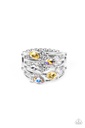 Stretch Ring with White, Yellow and Iridescent Crystals Silver Adjustable Ring Band - Ethereal Escapade
