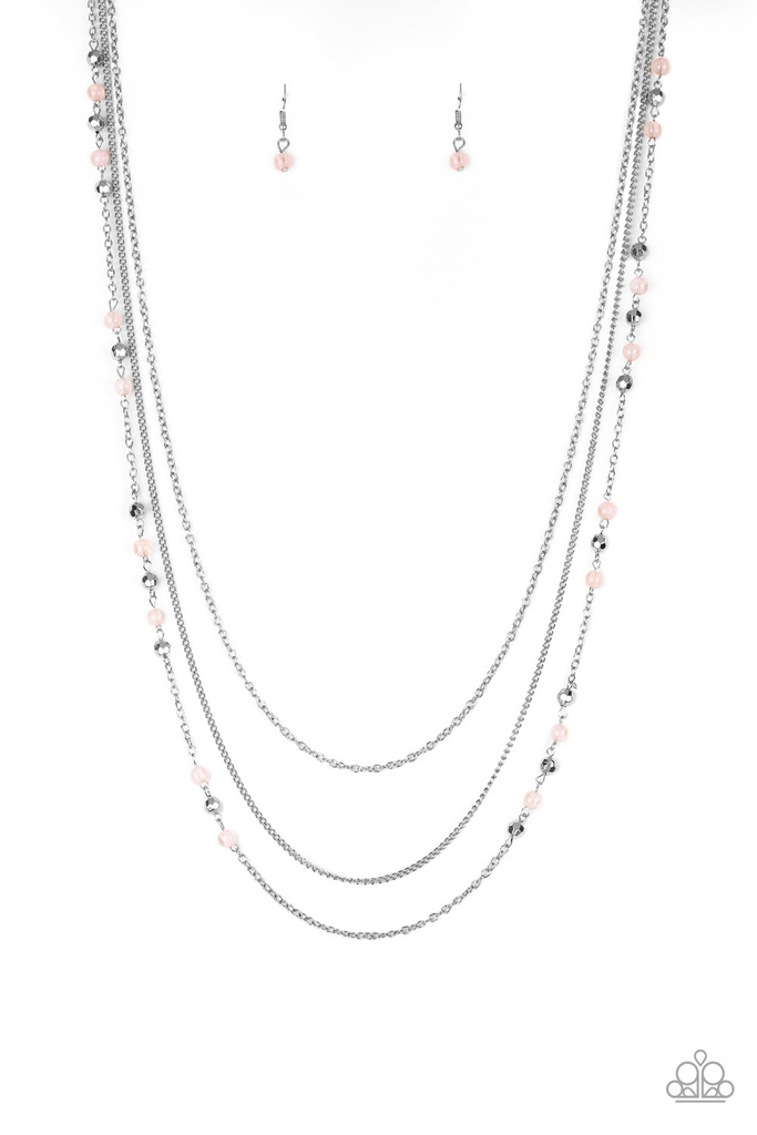 Long Necklace Layered with Pink and Silver Beads - Colorful Cadence
