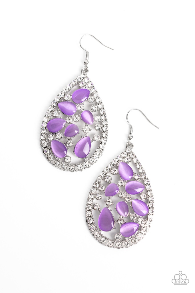 Purple Moonstone Earrings with Crystals in Teardrop Silver Dangle - Cats Eye Class