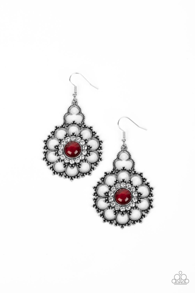 Red Moonstone Earrings in Flower Silver Frame - Floral Renaissance