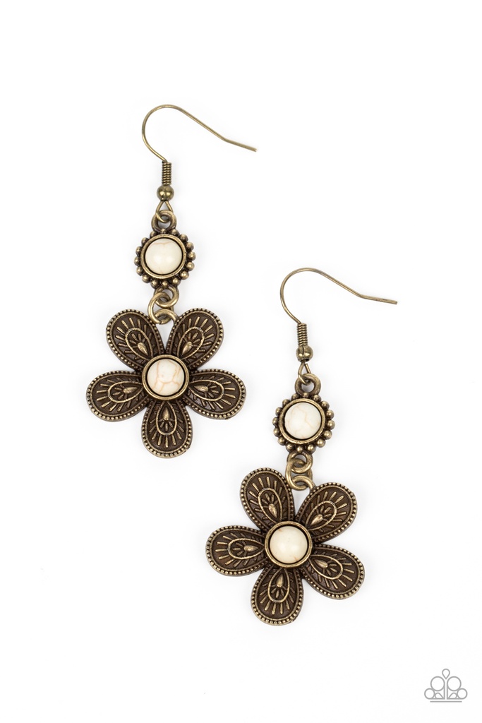 Western White Stone Earrings Brass Flower Dangle - Free-Spirited Flourish