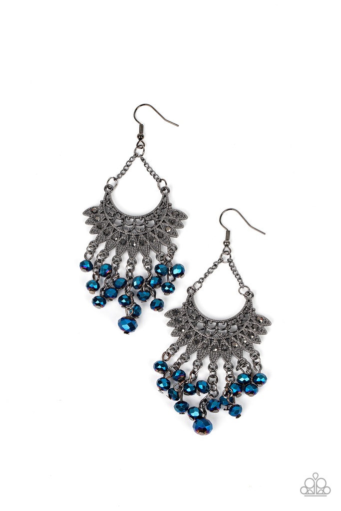 Tassel Earrings Metallic Blue Beads and Hematite on Gunmetal Dangle - Chromatic Cascade