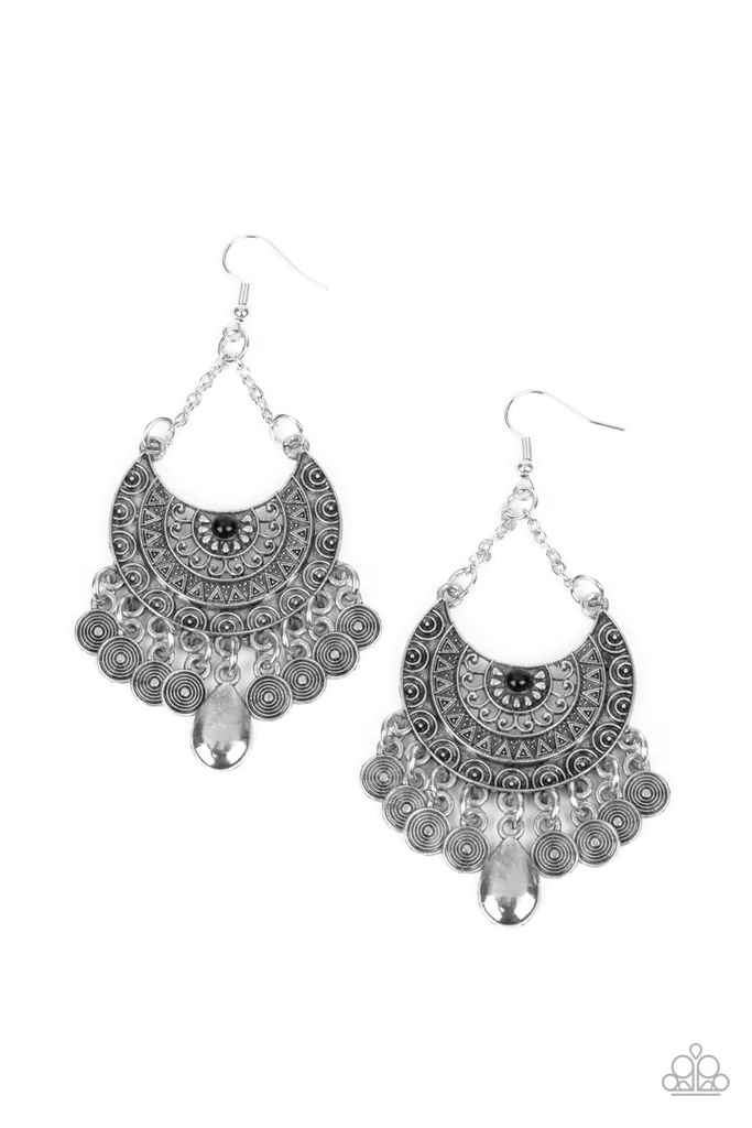 Tribal Earrings Black Crystals on Silver Half Moon Dangle - Lunar Allure