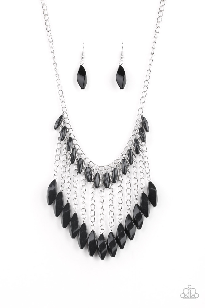 Statement Black Beaded Fringe Necklace in Silver - Venturous Vibes