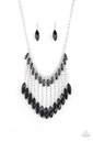 Statement Black Beaded Fringe Necklace in Silver - Venturous Vibes