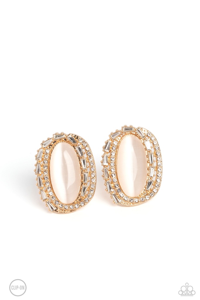White Moonstone Clip On Earrings with Crystals and Gold - Shimmery Statement