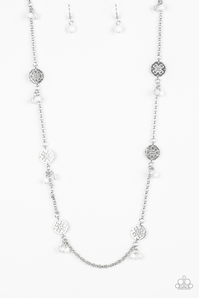 White Beaded Necklace in Silver Chain - Color Boost