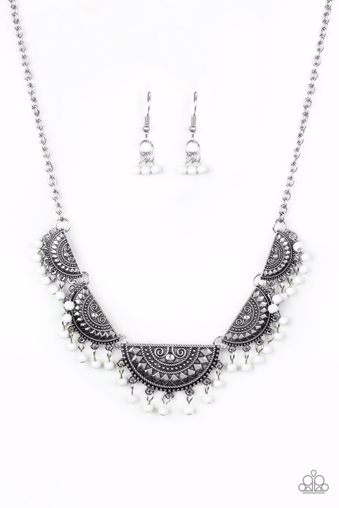 Tribal Necklace Half Moon in Silver with White Beads - Boho Baby