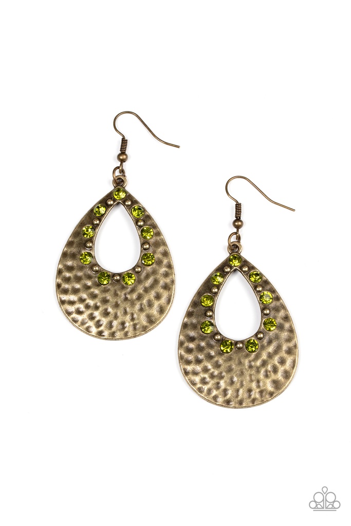 Brass Teardrop Earrings with Green Crystals - Terraform Twinkle