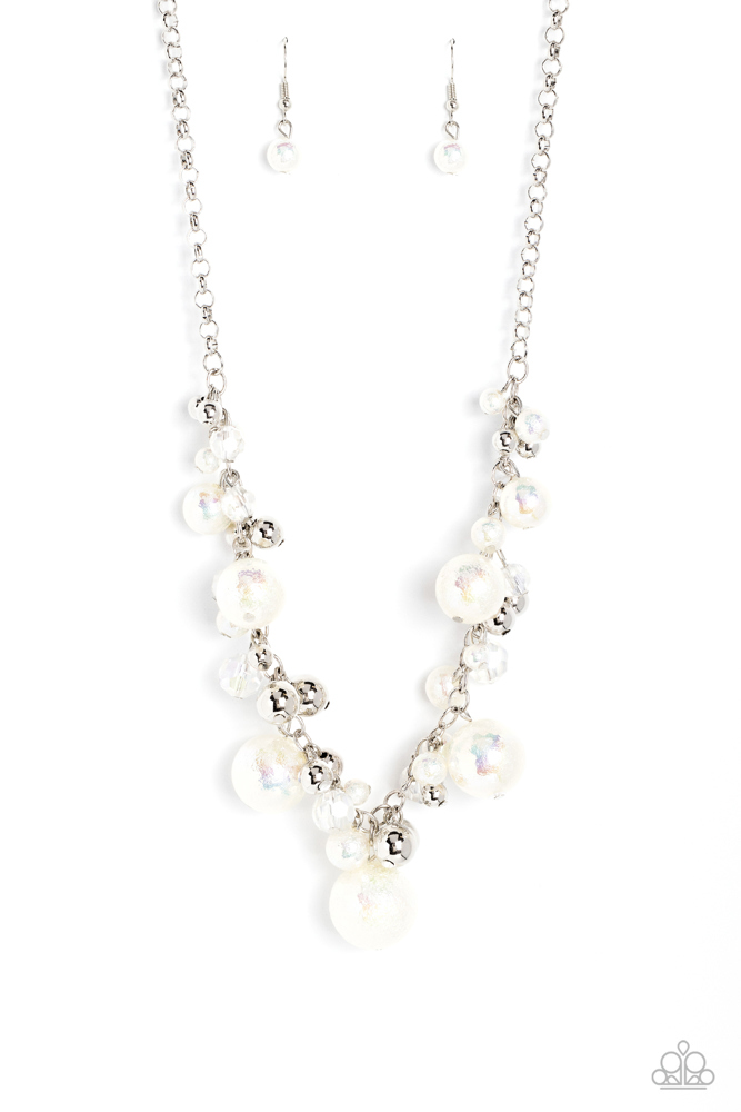 Iridescent necklace with White and Silver Beads - Scratched Shimmer
