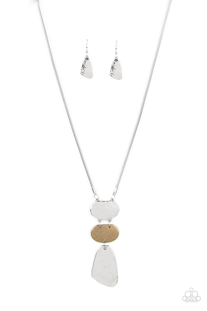 Hammered Silver and Brass Necklace on Silver Snake Chain - Riverside Respite
