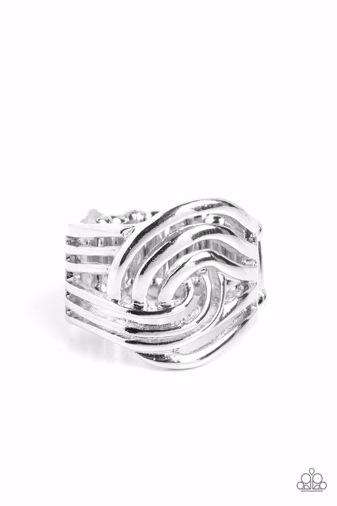 Silver Stretch Ring with Asymmetrical Design in Adjustable Ring Band - Interlocked Insignia