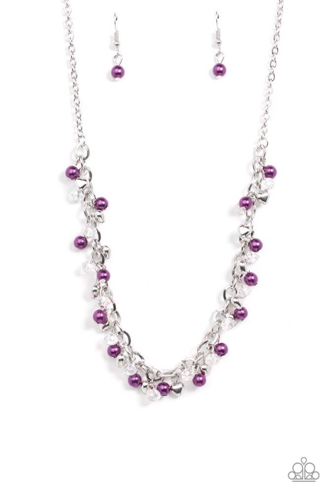 Purple Pearl Necklace with Silver Heart Beads - Soft-Hearted Shimmer