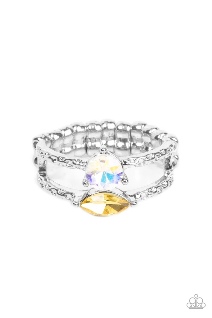Iridescent Crystal Stretch Ring in Yellow with silver Adjustable Ring Band - Embraceable Elegance
