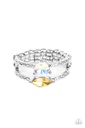 Iridescent Crystal Stretch Ring in Yellow with silver Adjustable Ring Band - Embraceable Elegance