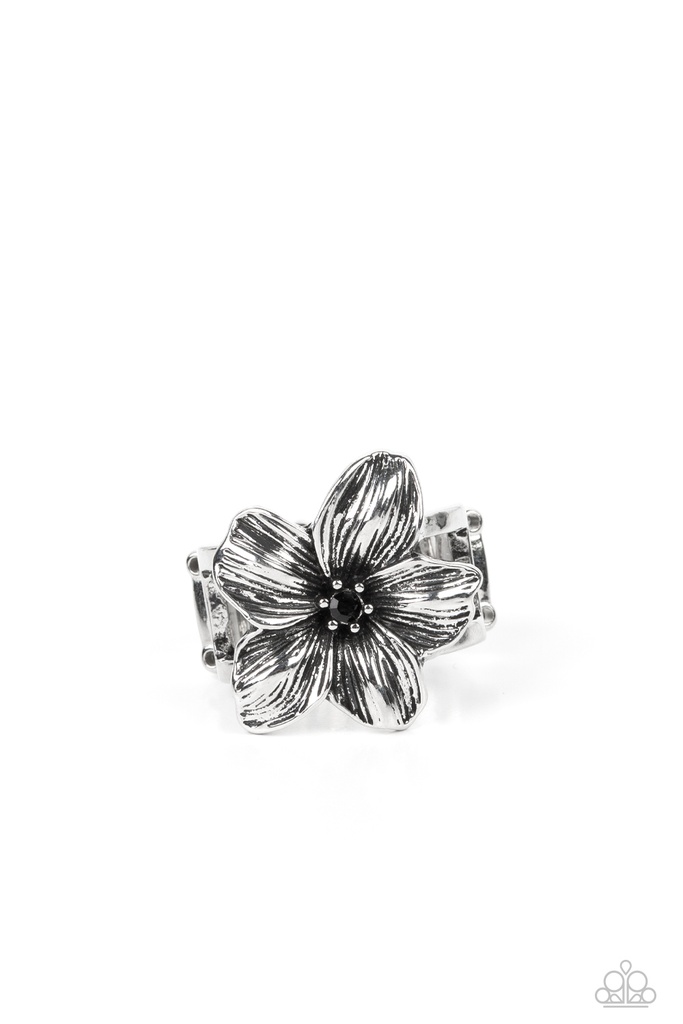 Flower Stretch Ring with Black Crystal in Silver Adjustable Ring Band - Tropical Treat