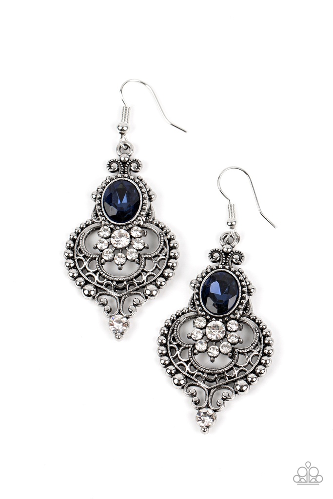 Filigree Earrings with Blue and White Crystals in Silver Dangle - Castle Chateau - Blue