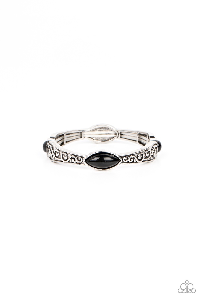 Stretch Bracelet Black Beads and Silver Bands - Veranda Variety