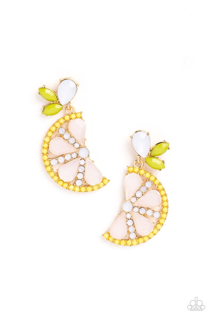 Lemon Earrings Post in Gold and Opalescent Beads - Slice of Summer