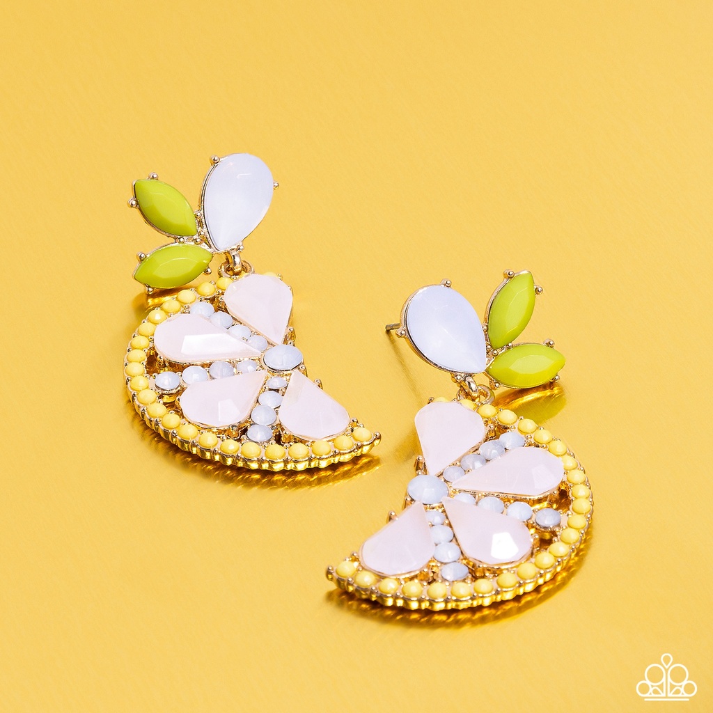 Lemon Earrings Post in Gold and Opalescent Beads - Slice of Summer