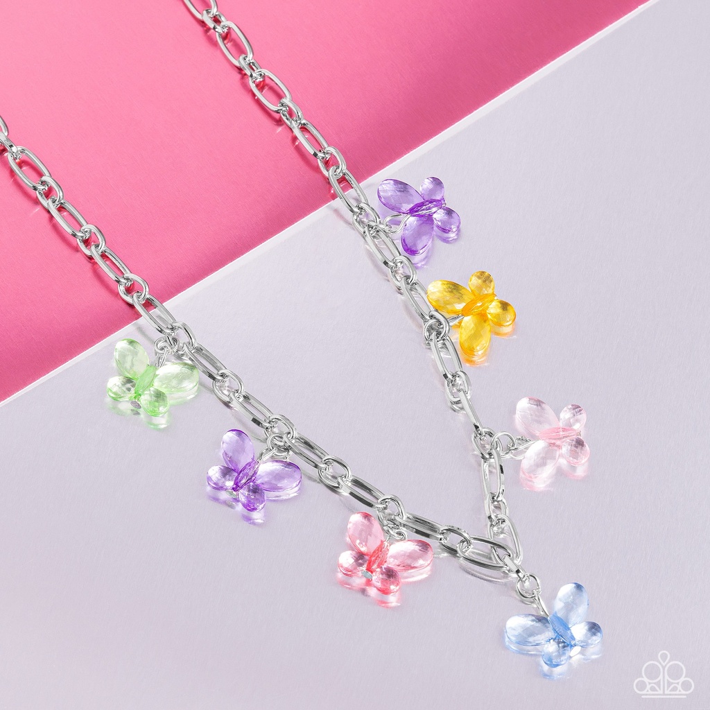 Butterfly Necklace with Paperclip Chain in Silver and Multi Color - Butterfly Balance