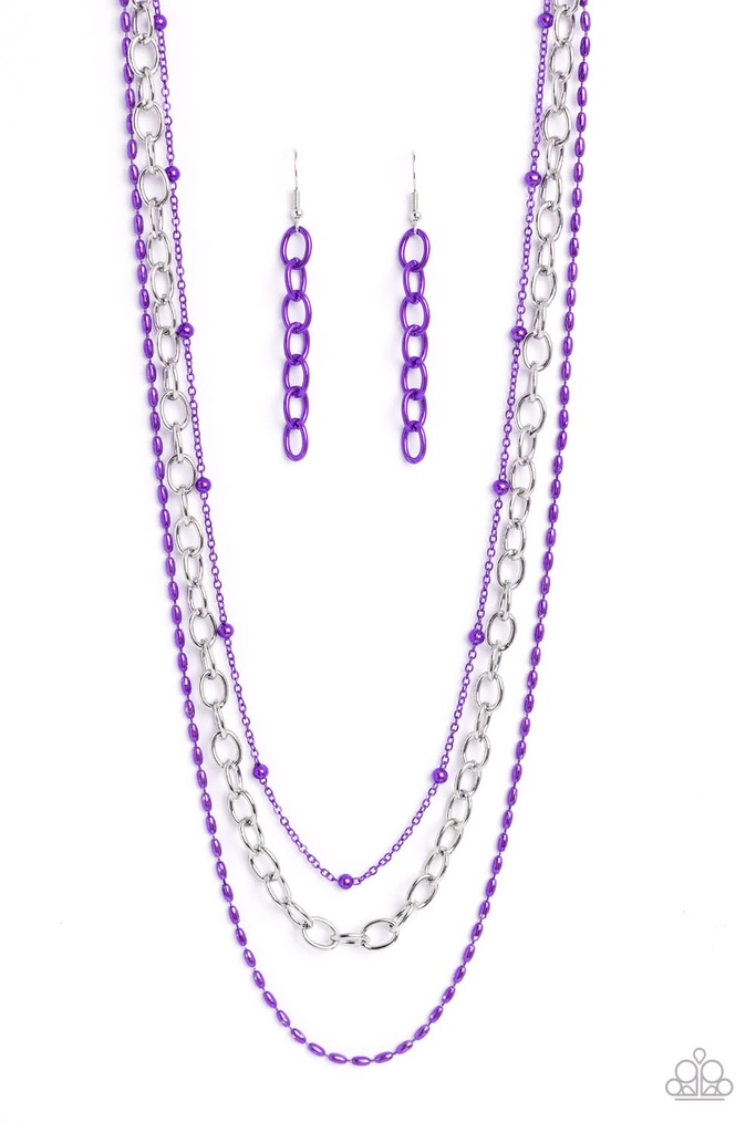 Purple Necklace Layered with Silver Chain - Mardi Gras Mayhem