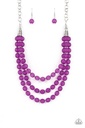 Purple Layered Beaded Necklace in Silver - Summer Surprise