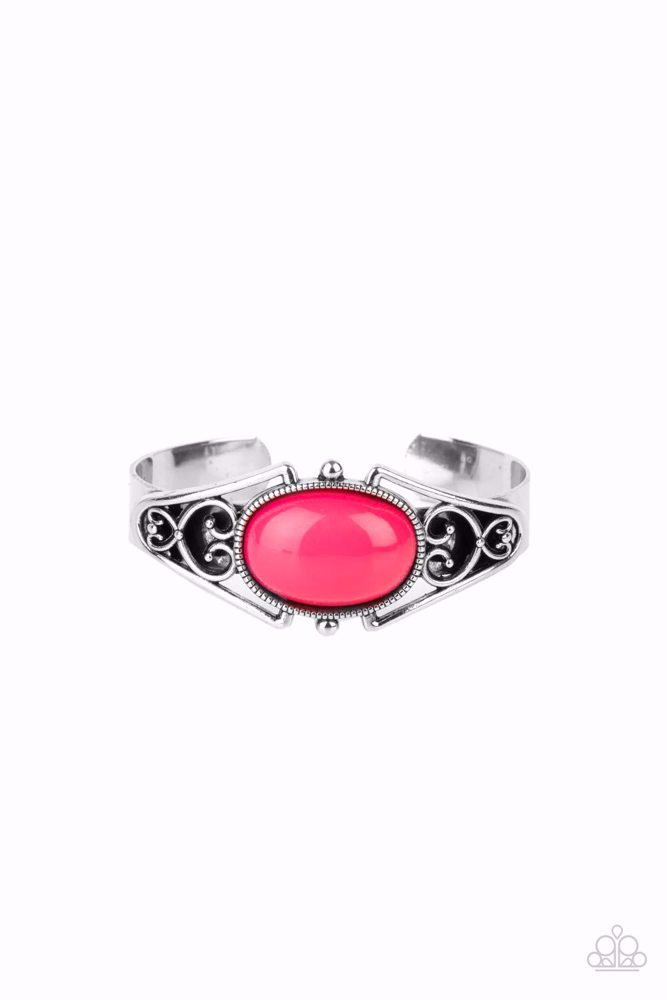 Raspberry Cuff Bracelet Pink Bead in Silver - Springtime Trendsetter