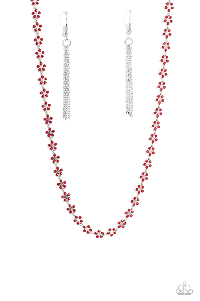 Flower Necklace Red Dainty Chain in Silver - Floral Catwalk