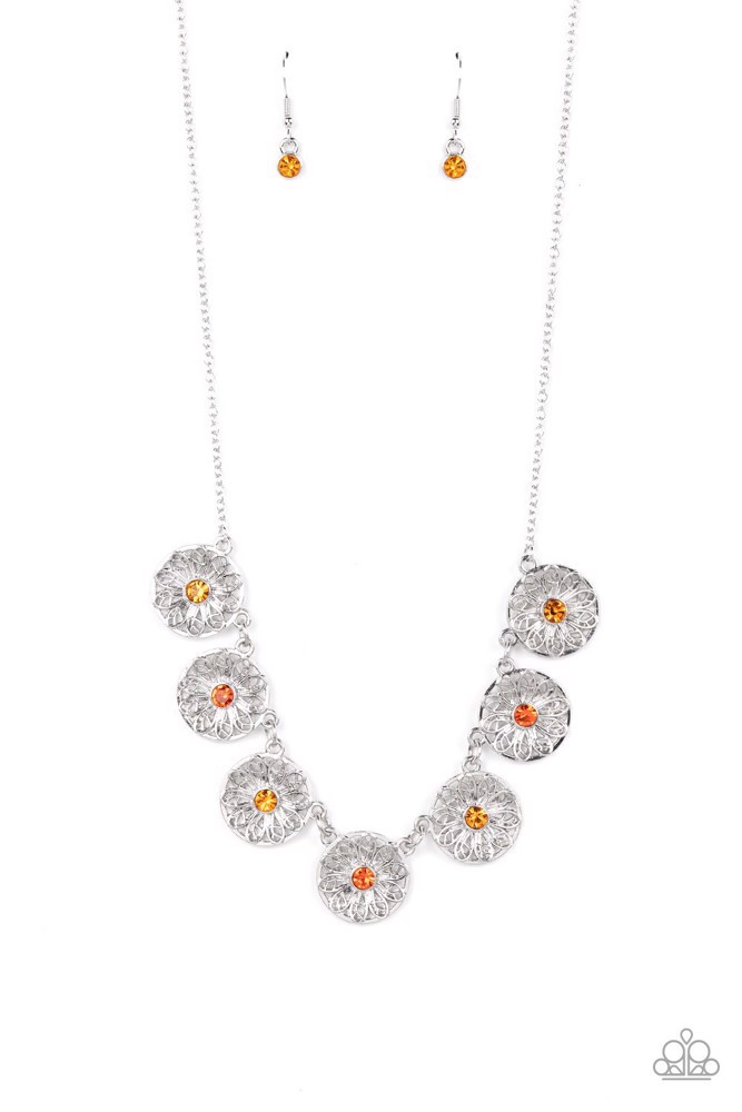 Orange Necklace Flower Design with Orange Crystals - Garden Greetings