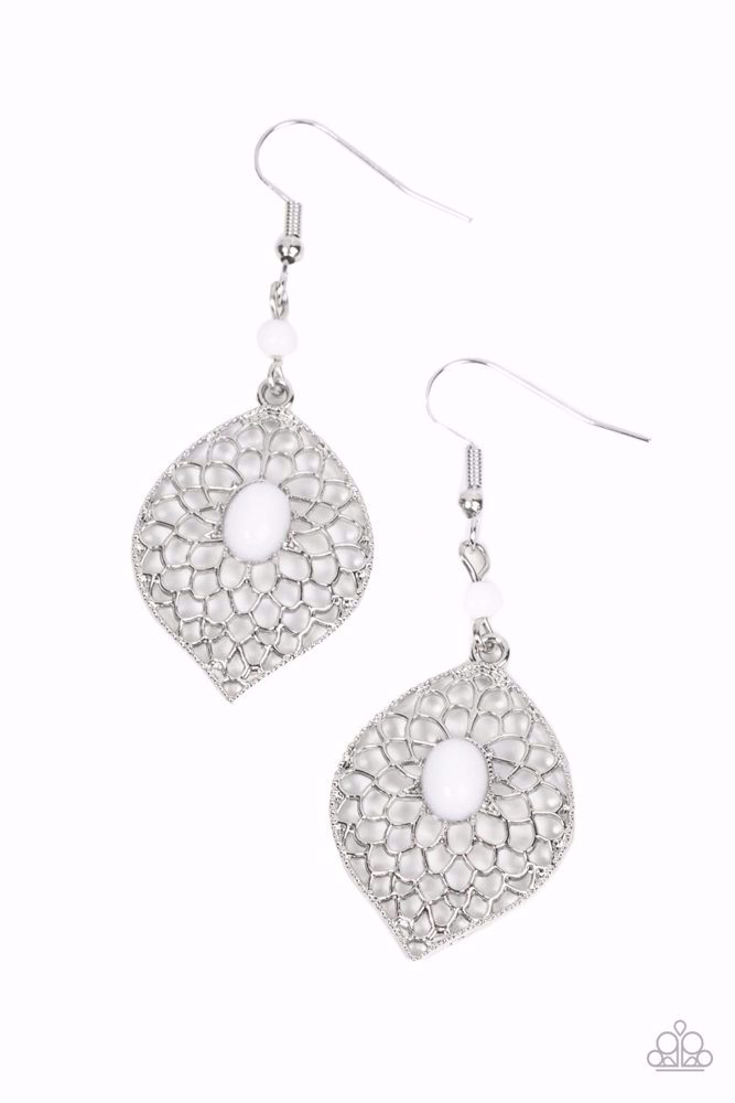 Silver Filigree Earrings White Beads - Perky Perennial
