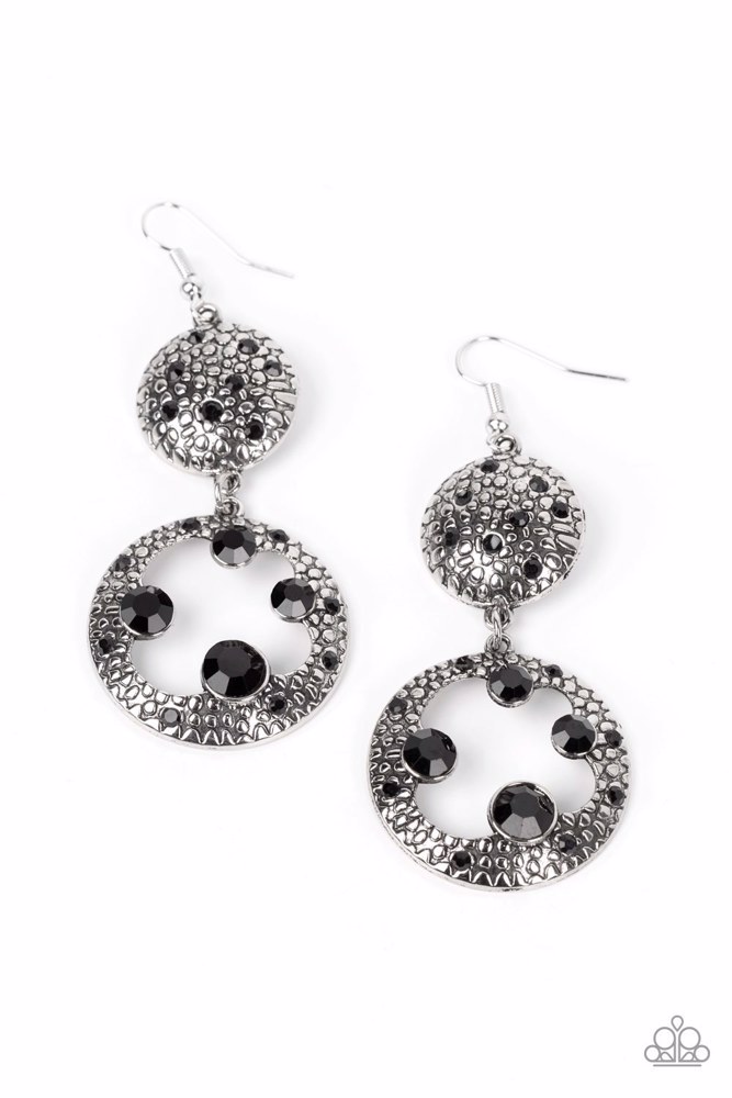 Textured Earrings Dangle with Black Crystals in Silver Frame - Eastern Entrada