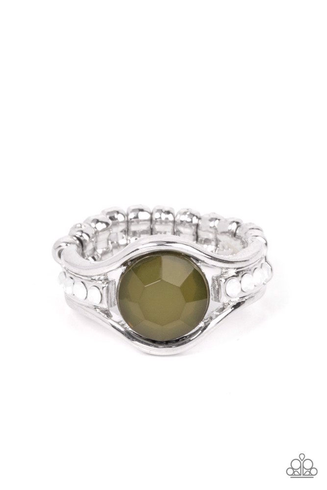 Stretch Ring with White Opal and Olive Crystals on Silver Adjustable Ring Band - Meadow Mist
