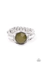 Stretch Ring with White Opal and Olive Crystals on Silver Adjustable Ring Band - Meadow Mist