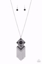 Tassel Necklace with Black Beads and Long Silver Chain - Kite Flight