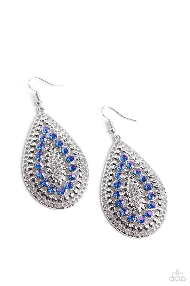 Teardrop Earrings Dangle with Blue Crystals in a Silver Frame - Spirited Socialite