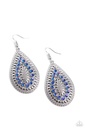 Teardrop Earrings Dangle with Blue Crystals in a Silver Frame - Spirited Socialite