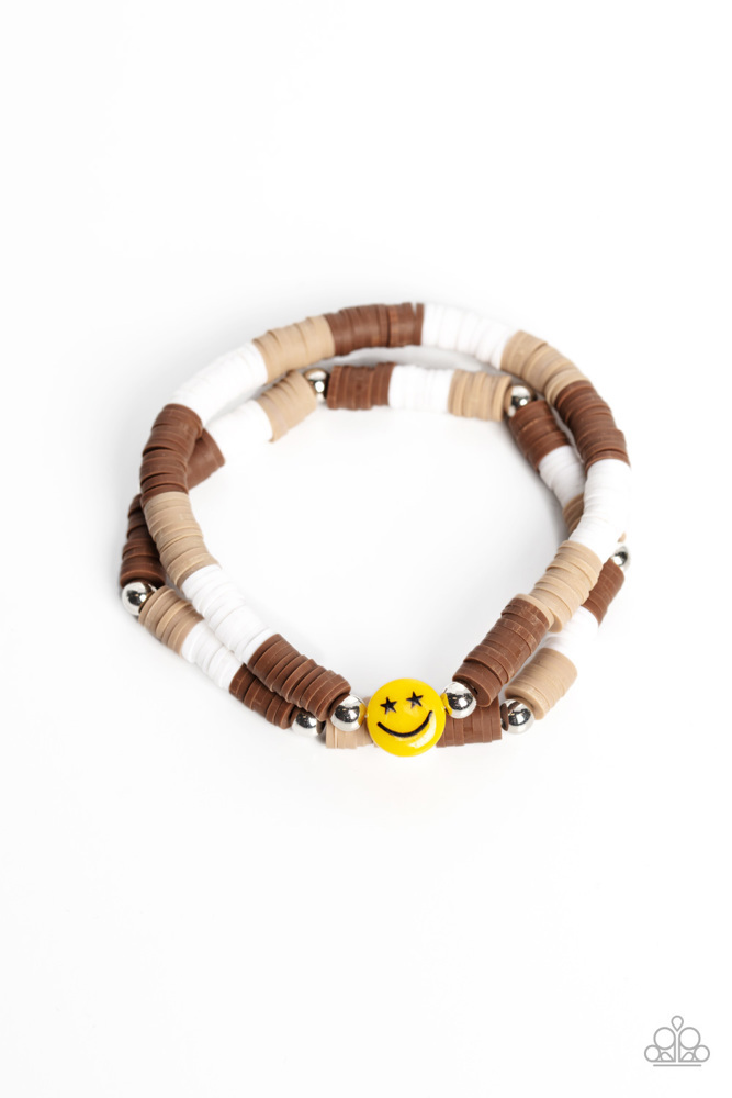 Smiley Face Stretch Bracelet Set with Brown and White Discs - In SMILE